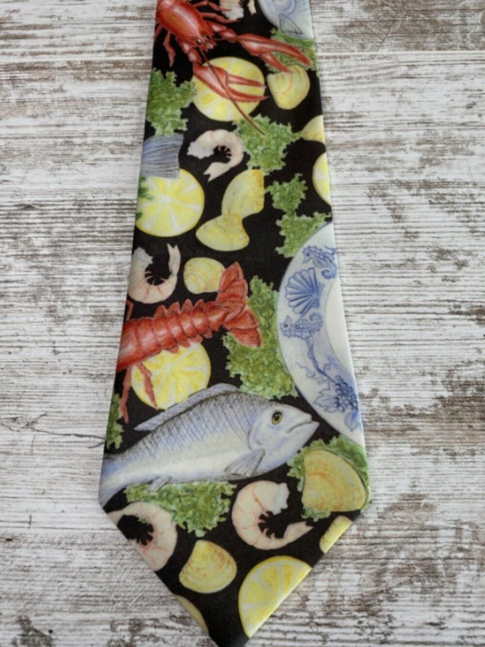 Vintage Seafood Novelty Tie Fish Shrimp Lobster USA Polyester Wide 4”